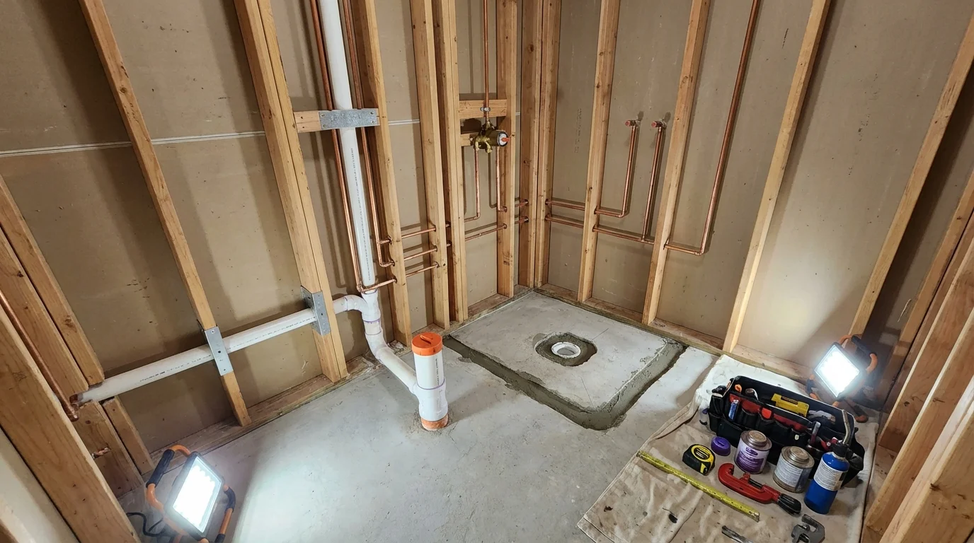 Bathroom rough-in plumbing during remodel by Johns Plumbing LLC in Happy Valley