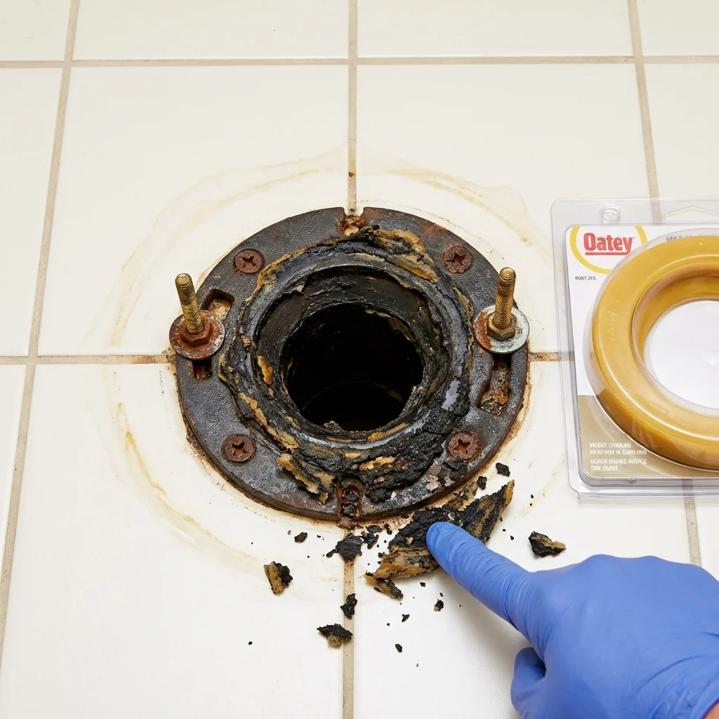 Failed wax ring showing water seepage at the base of a toilet in a Happy Valley, OR home
