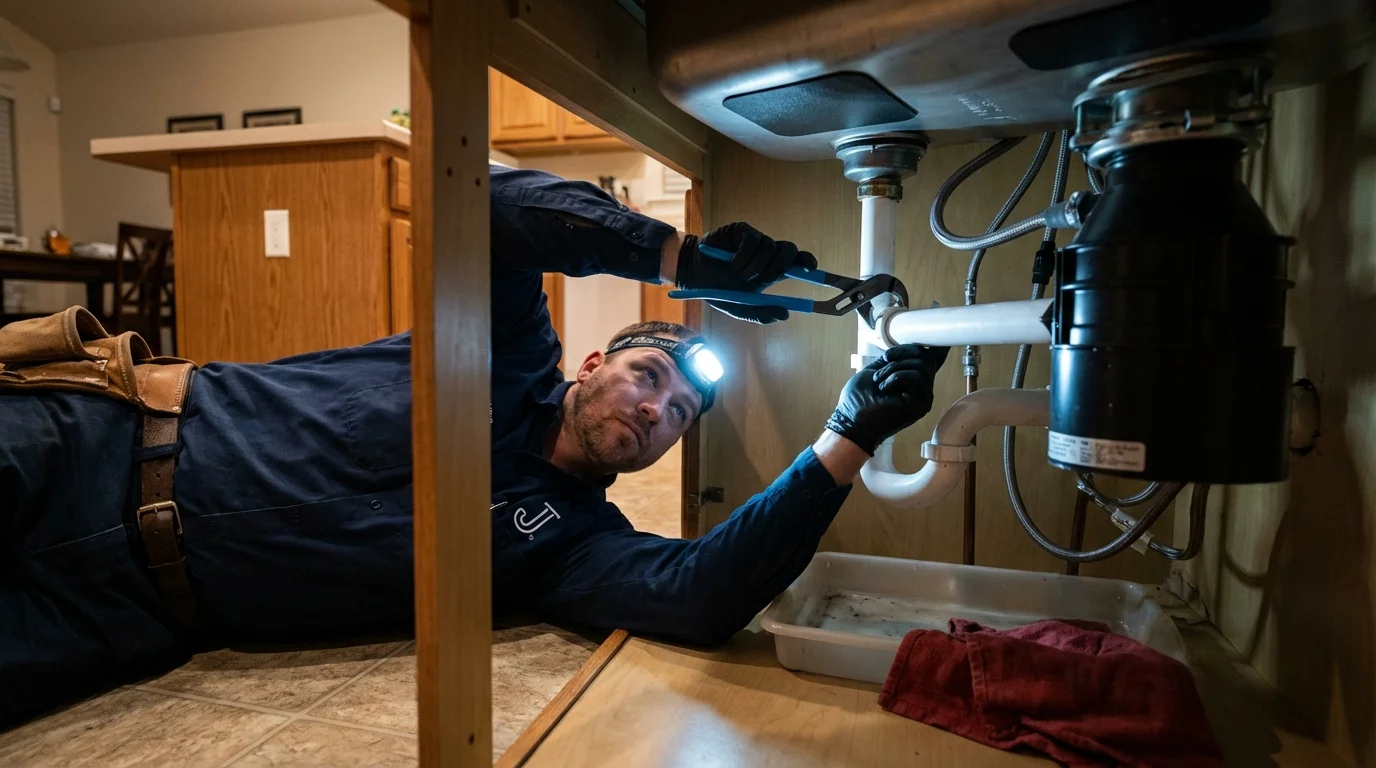 P-trap and supply line connections under a kitchen sink showing a common leak point in Happy Valley, OR